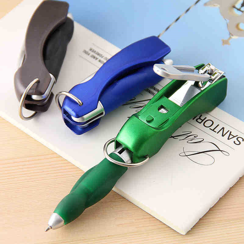 Multi-function foldable ballpoint pen with Nail clipper and key ring